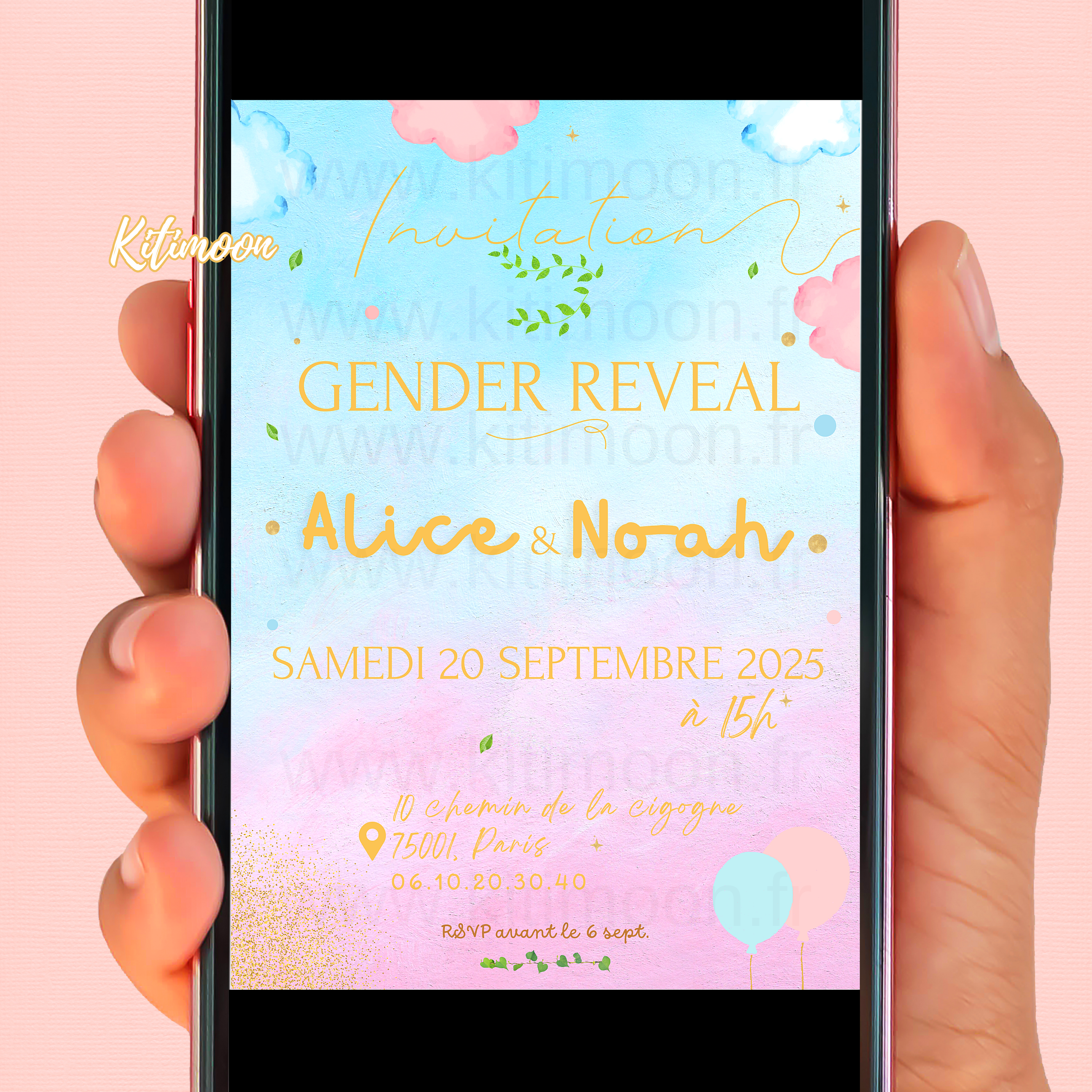 Invitation Numérique Gender Reveal en ligne en français texte personnalisé Aquarelle