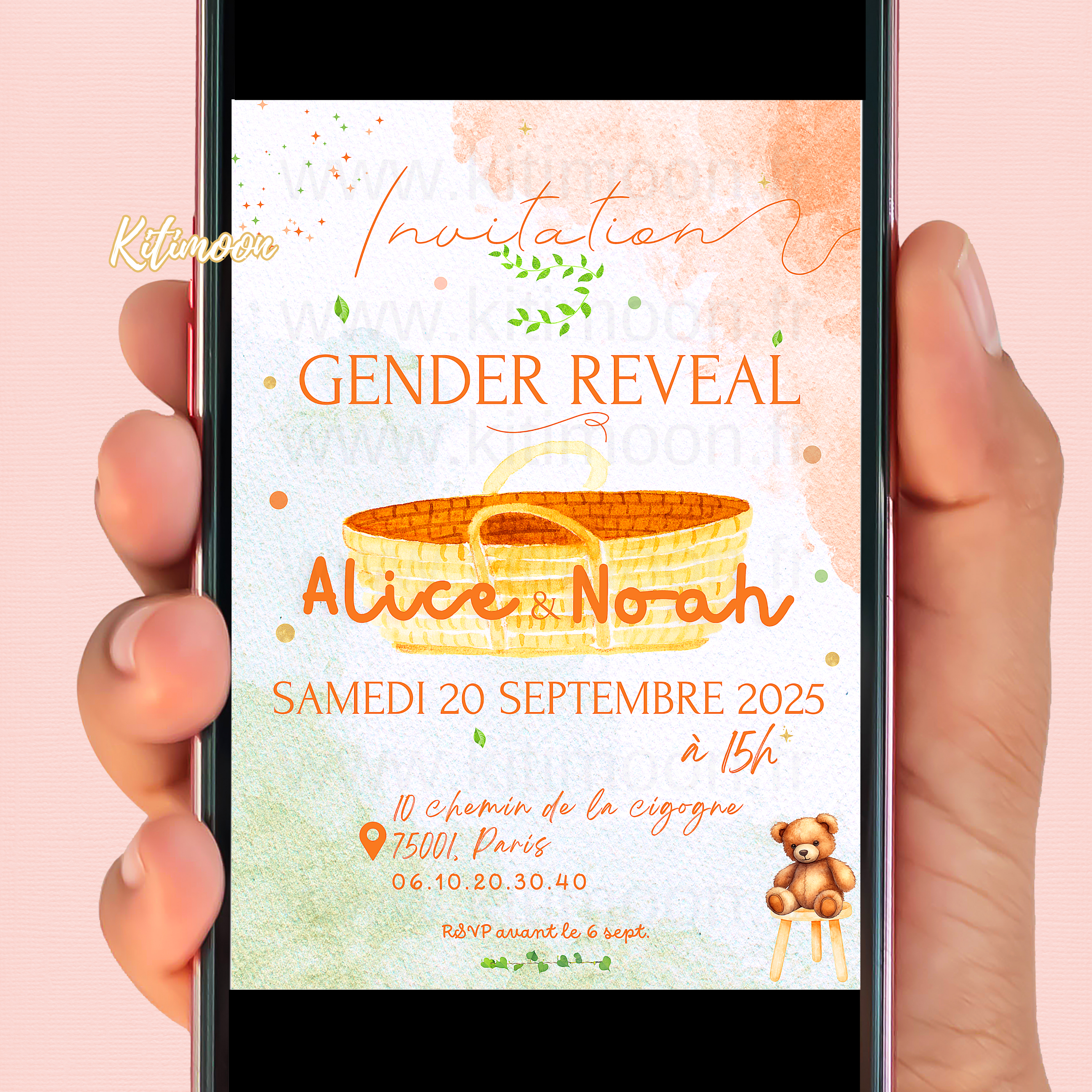 Invitation Numérique Gender Reveal en ligne en français texte personnalisé Couffin de bébé
