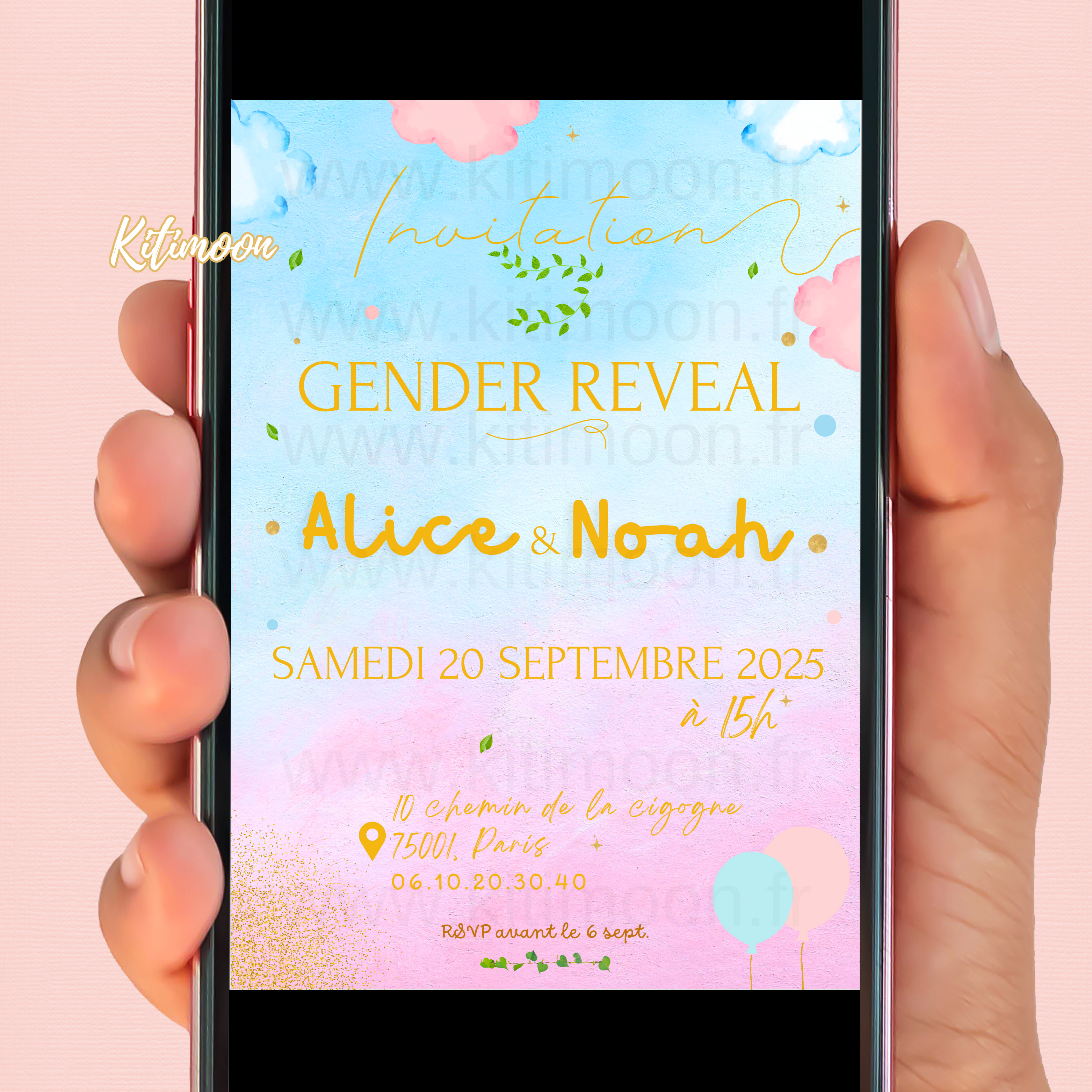 Invitation Numérique Gender Reveal en ligne en français texte personnalisé