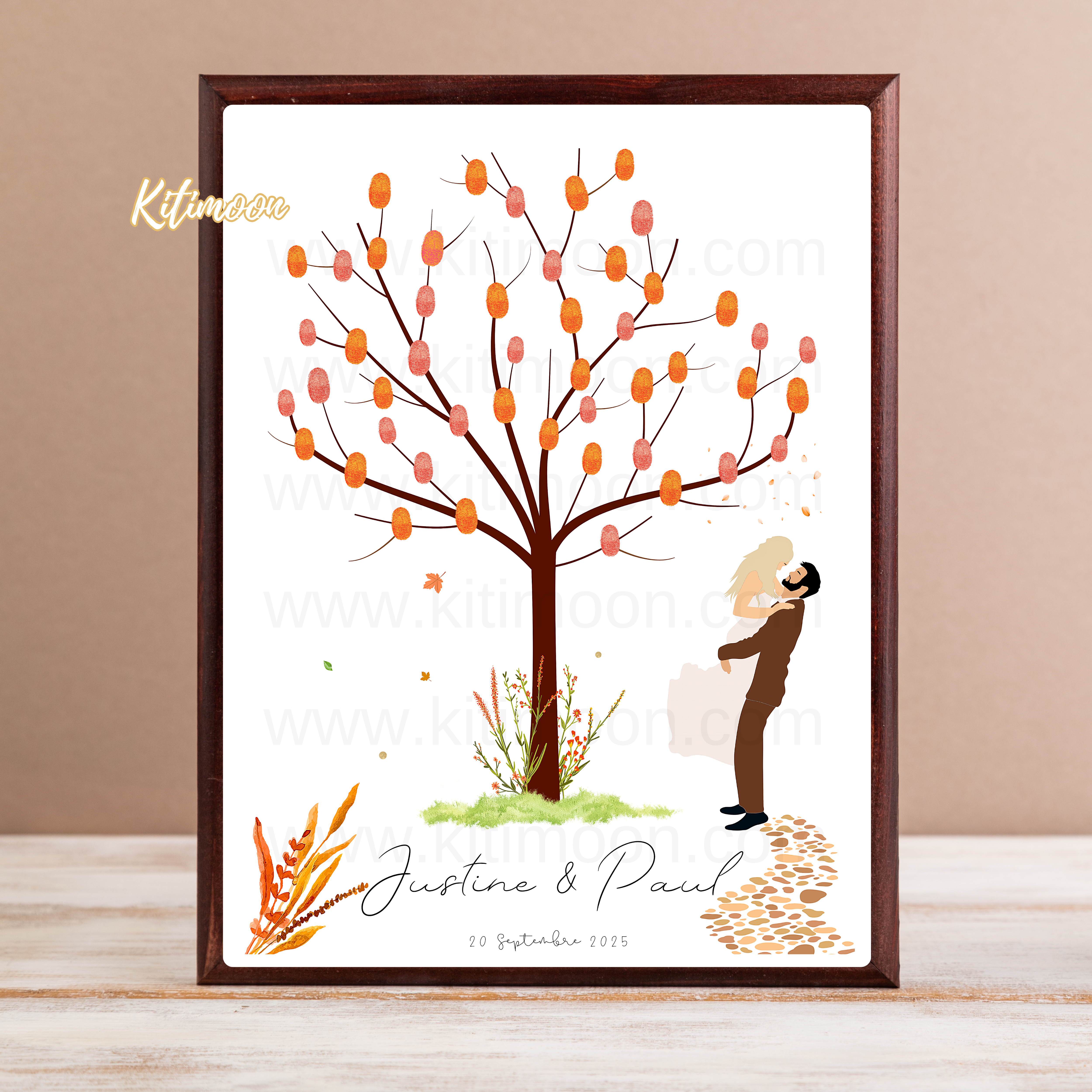 Arbre à empreinte mariage personnalisé avec portraits minimalistes