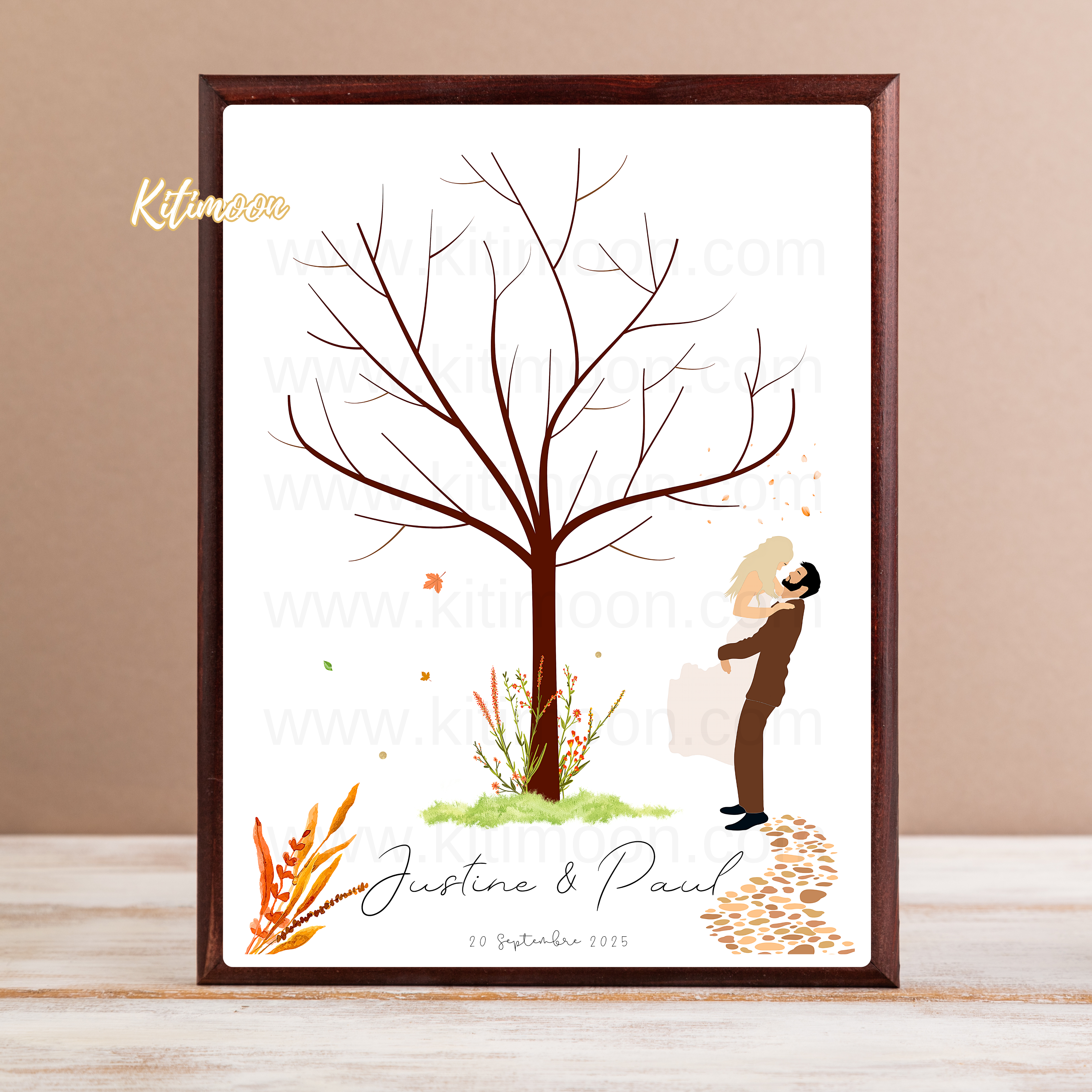 Arbre à empreinte mariage personnalisé avec portraits minimalistes