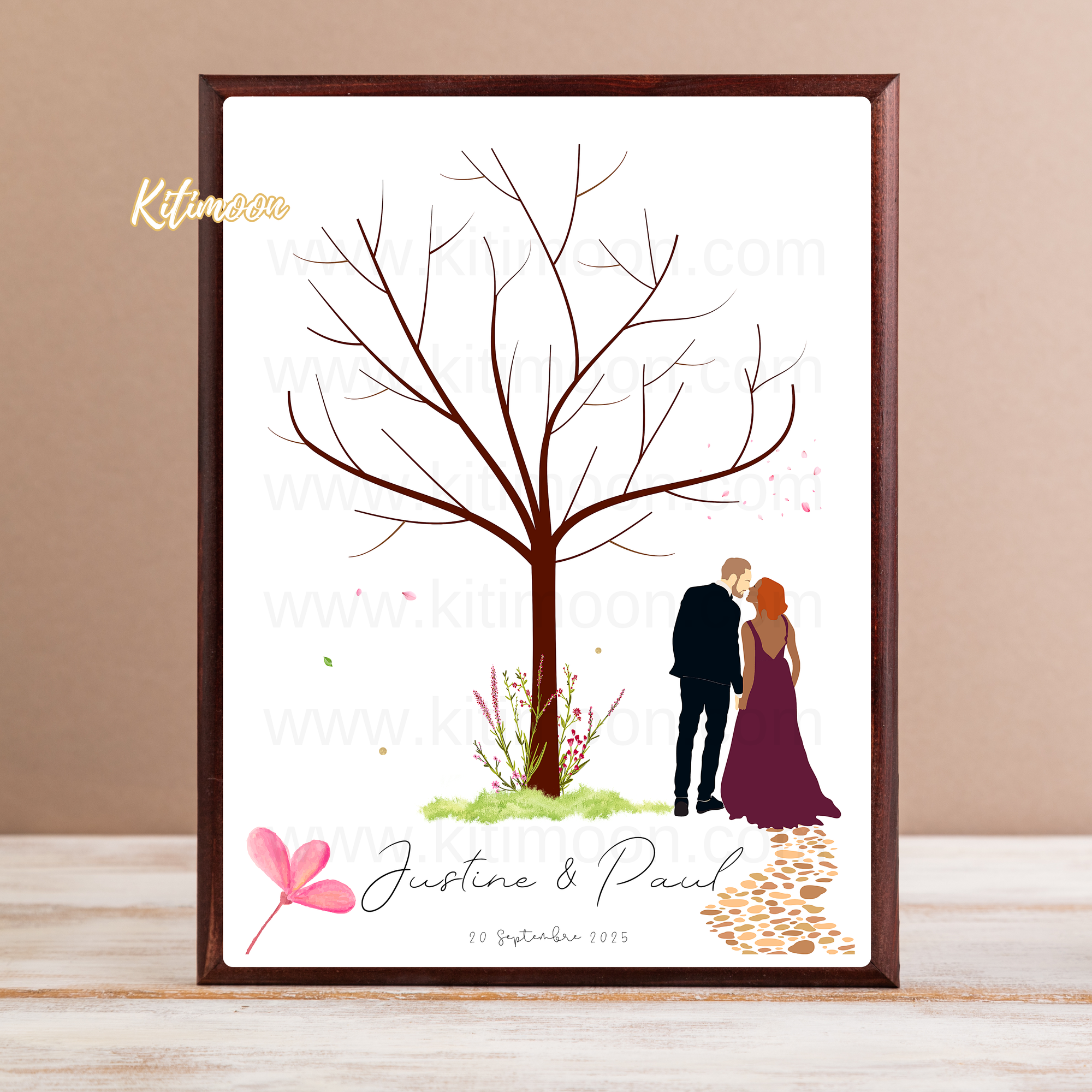Arbre à empreinte mariage personnalisé avec portraits minimalistes