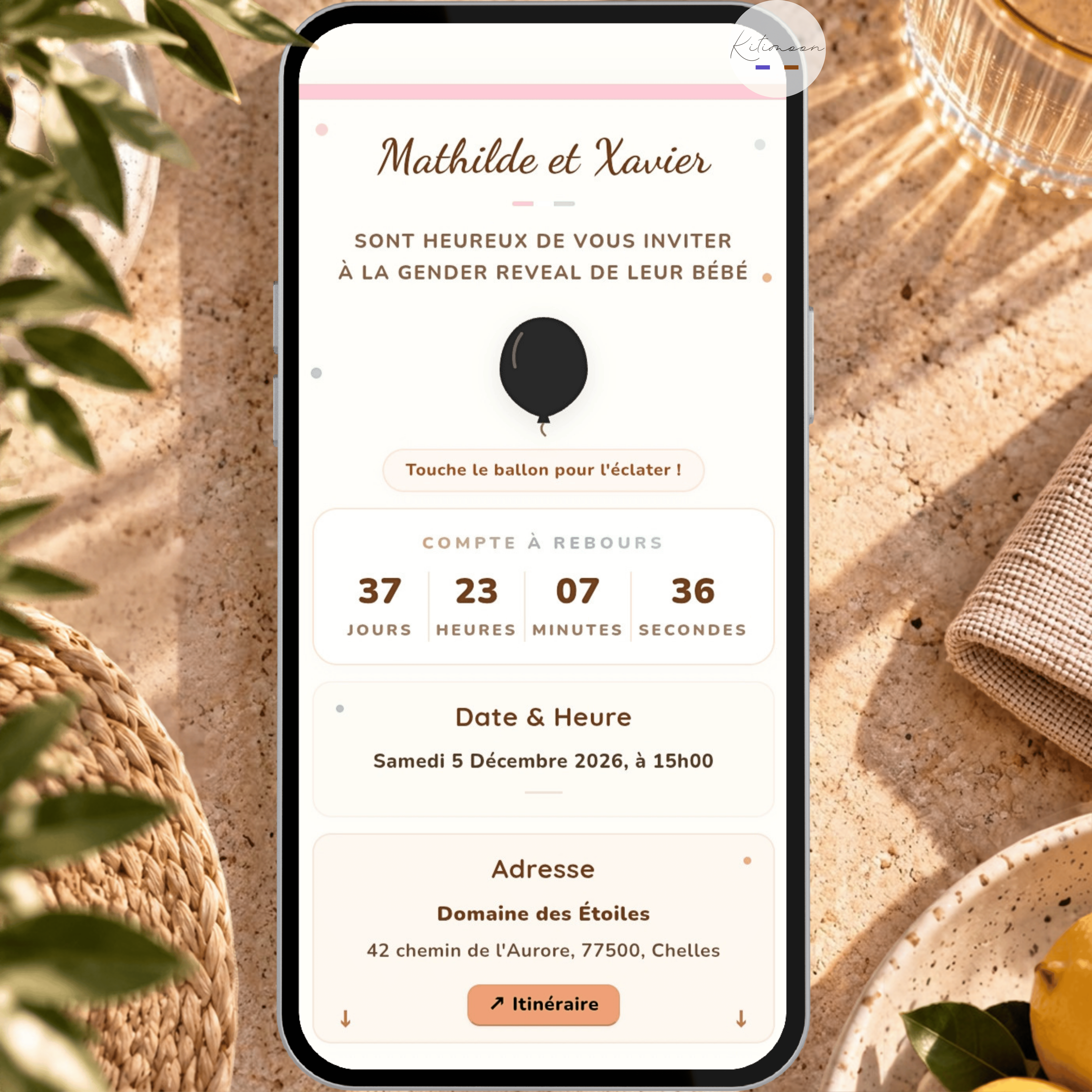 Invitation digitale interactive Gender Reveal sur téléphone avec compte à rebours et formulaire avec pronostic Fille ou Garçon 