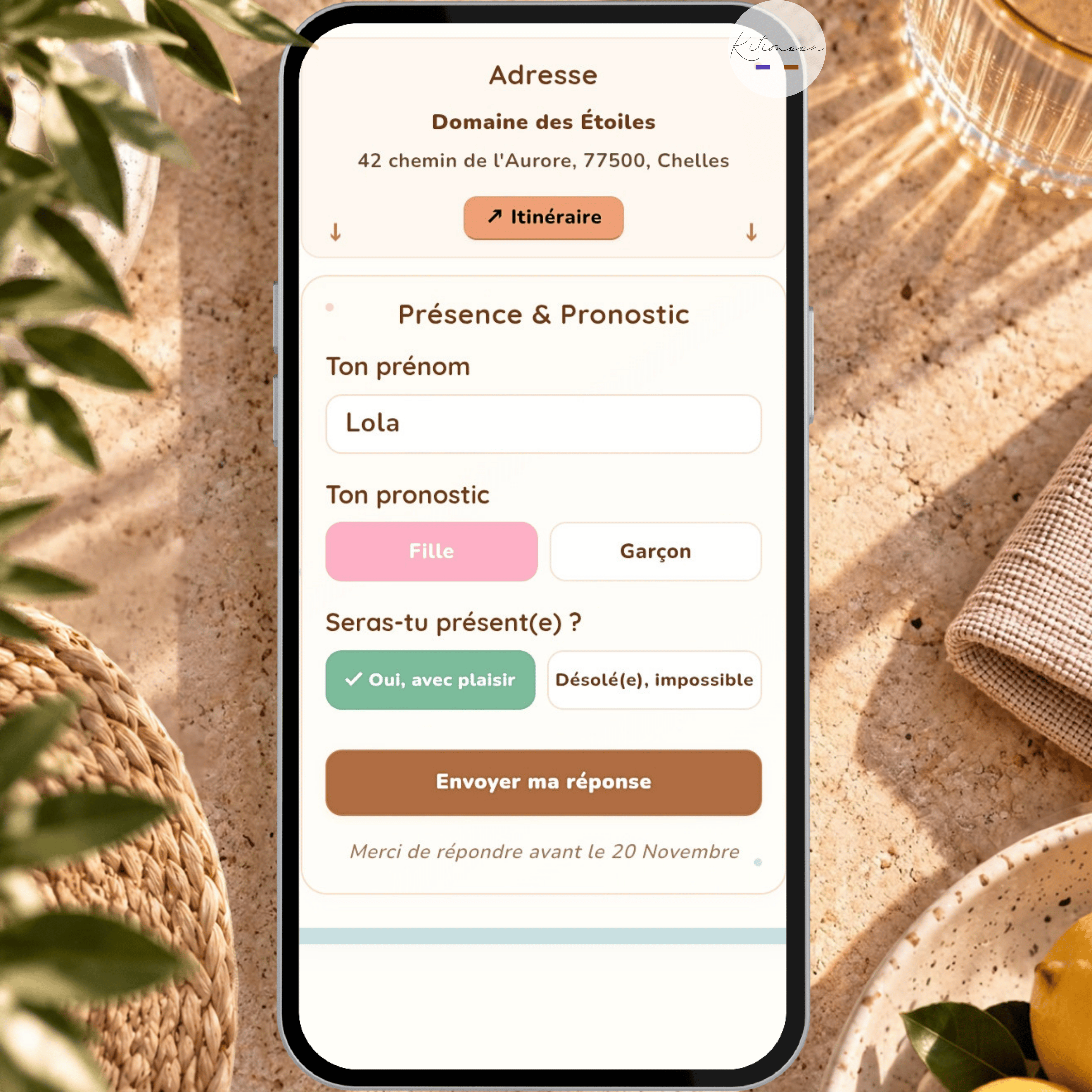 Invitation digitale interactive Gender Reveal sur téléphone avec compte à rebours et formulaire avec pronostic Fille ou Garçon 